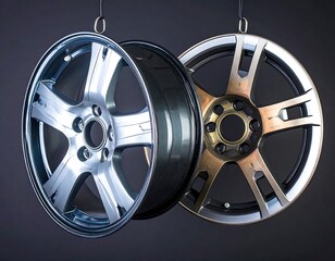 Three car wheels of different colors and finishes hang suspended against a dark background, showcasing variations in automotive wheel design.