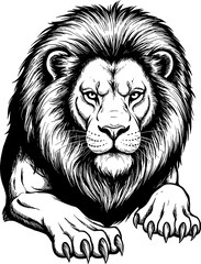 Fototapeta premium A majestic lion illustrated with detailed, dramatic lines. It has a full, luxurious mane and an intense gaze. The illustration evokes strength and pride.