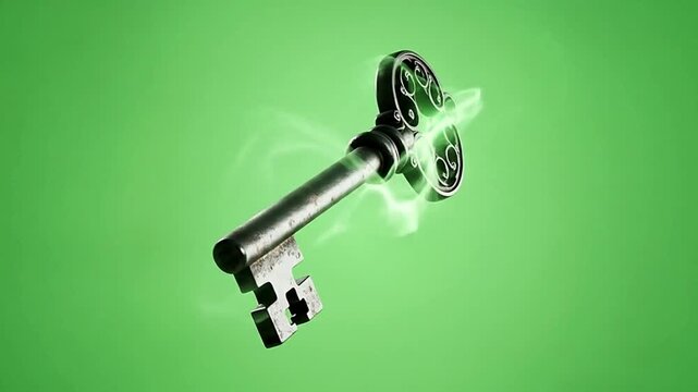 Unlock the mystery with a vintage key surrounded by ethereal smoke on a vibrant green background.