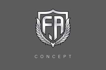 FA Creative Initial Letter Logo with Shield and Laurel Wreath Silver Metallic Branding Emblem on Gray Background.