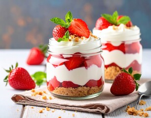 Strawberry and biscuit dessert in jar