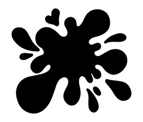 Black paint drop and splatter. Hand drawn ink stain with drip shadow effect. Grunge abstract sketch element. Isolated flat vector illustration