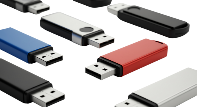 A vibrant assortment of multi-colored USB flash drives for digital data storage and information transfer, isolated on a clean white background
