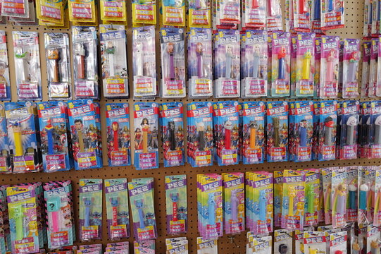 wall of PEZ candy dispensers, highly collectable toy