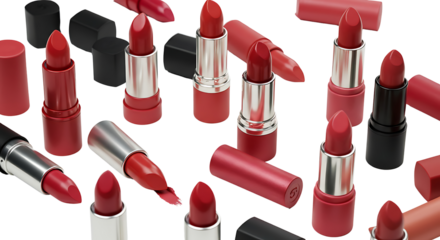 A glamorous array of assorted red and pink lipsticks, symbolizing feminine beauty, cosmetic choice, and the art of makeup