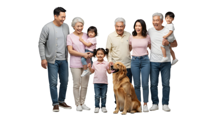 A multigenerational family posing together with their dog. Showing a bond of love, warmth, and connection within the family, isolated on transparent background