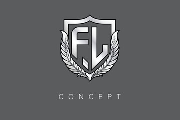 Obraz premium FL Creative Initial Letter Logo with Shield and Laurel Wreath Silver Metallic Branding Emblem on Gray Background.