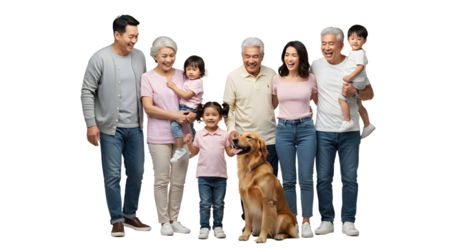 A multigenerational family posing together with their dog. Showing a bond of love, warmth, and connection within the family, isolated on transparent background