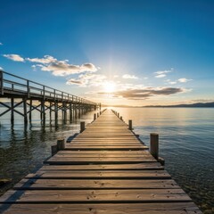 Fototapeta premium Serene Sunrise Over a Wooden Boardwalk Leading to the Horizon