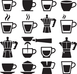 Collection of black coffee and espresso cups and makers drink
