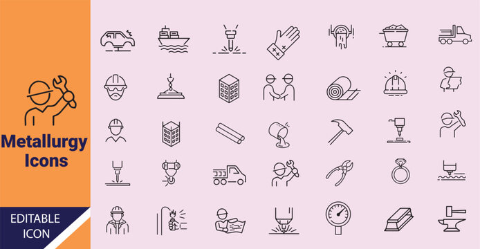 Minimalist metallurgy related line icons include engineers, structures, equipment, and tools arranged neatly