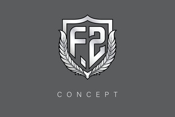 FZ Creative Initial Letter Logo with Shield and Laurel Wreath Silver Metallic Branding Emblem on Gray Background.