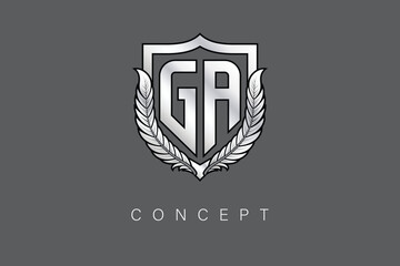 GA Creative Initial Letter Logo with Shield and Laurel Wreath Silver Metallic Branding Emblem on Gray Background.