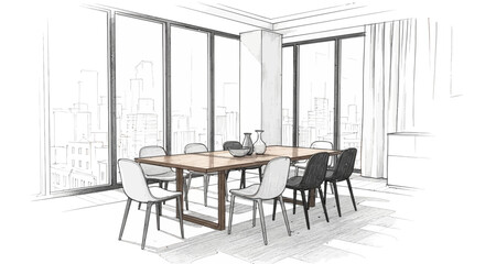 Chic dining area with stunning city views through large window panels