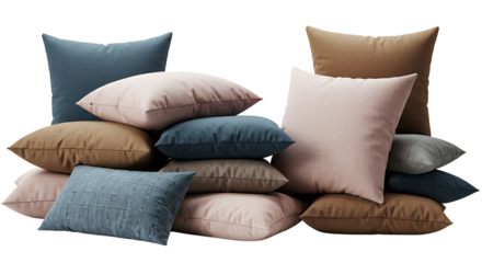 A stylish assortment of soft, comfortable decorative throw pillows in various muted earth tones, stacked together for a cozy home interior concept