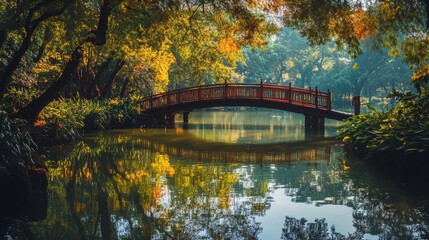 Fototapeta premium A wooden bridge over a calm lake, surrounded by lush trees with autumn leaves. The bridge is reflected in the water, creating a symmetrical image.
