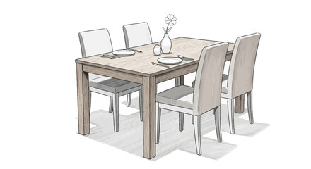 Elegant dining arrangement featuring table, chairs, place settings and decor