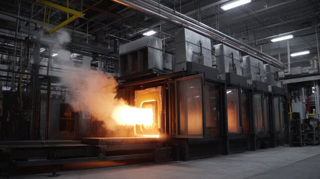 Glowing hot glass vaporizing as it enters the molding section with visible ventilation systems designed to capture emissions and recycle heat highlighting efforts toward minimizing