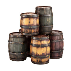 Obraz premium Stacked Vintage Wooden Barrels on Black Background Showcase Rustic Charm