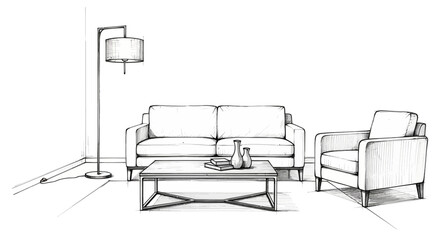 Elegant living room interior sketch with contemporary furniture arrangement