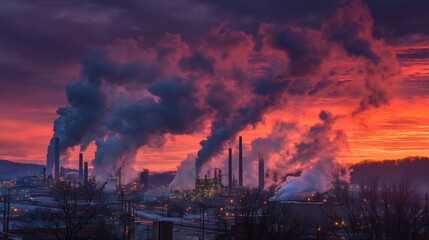 Obraz premium Industrial smokestacks billow against a dramatic sunrise, painting the sky in vibrant hues of red and purple.