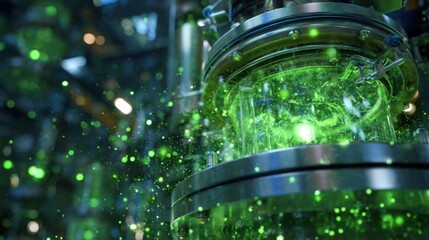 An intricate closeup of the catalyst chamber within the reactor skid featuring a vibrant array of catalytic materials that facilitate green chemical reactions in a sustainable process.