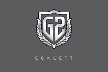 Obraz premium GZ Creative Initial Letter Logo with Shield and Laurel Wreath Silver Metallic Branding Emblem on Gray Background.