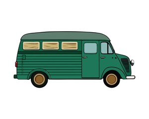 Vintage Green Van Illustration with Wood Paneling and Brown Wheels on White