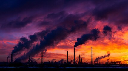 Industrial smoke plumes rise against a dramatic sunset, a stark contrast between nature and pollution.