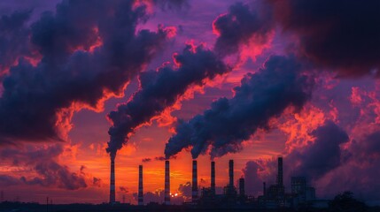 Obraz premium Dramatic sunset sky filled with dark smoke plumes rising from industrial factory chimneys, showcasing a somber atmosphere of pollution.