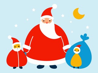Whimsical Christmas Illustration with Santa Claus a Smaller Santa and a Gift Sack