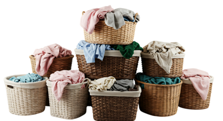 An assortment of overflowing wicker laundry baskets filled with colorful clothes, representing daily household chores and the need for organization