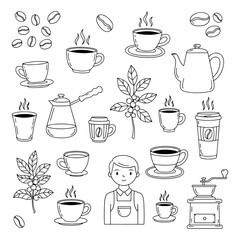 Hand drawn coffee doodle elements with barista grinder beans and hot cups