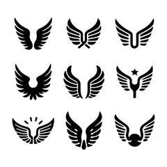 Collection of abstract black wing icons with creative shapes and symbols