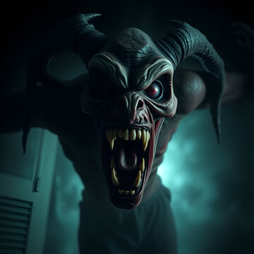 Creepy demon screamer emerge with intense jumpscare nightmare effect in chilling darkness
