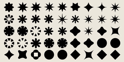 Collection of diverse black geometric shapes and starbursts on a neutral background