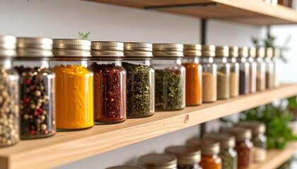 Rows of glass spice jars on wooden shelves