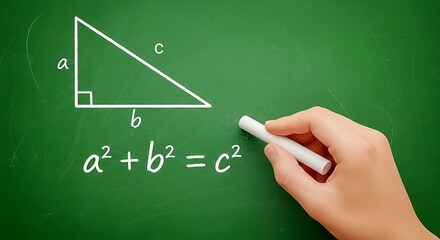 A hand writing a Simple Right Triangle Pythagorean Theorem on greenboard. Illustration for Educational Purposes.