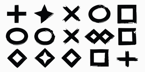 Collection of hand drawn black geometric shapes and symbols with a brush stroke texture on a white background