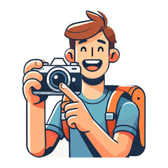 Cartoon Man with Backpack Smiling and Pointing at Camera in Flat Illustration