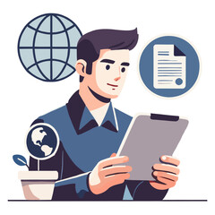 Man Holding Clipboard Examines Global Policy With Plant On Desk