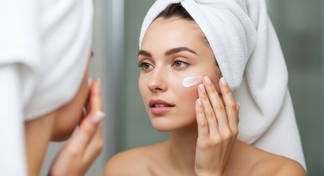 A woman with a towel on her head applies cream to her face in front of a mirror