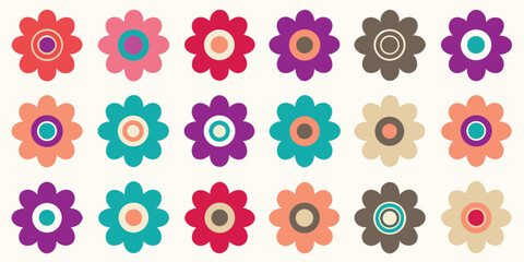 Collection of retro style flowers with bold colors and simple shapes on a cream background