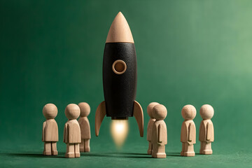 A wooden rocket launching with small figures watching, symbolizing innovation, growth, and the future in business.