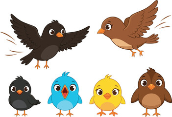 Set of Cute Cartoon Baby Birds in Different Colors and Poses – Flying, Singing, Standing – Vector Animal Illustration for Children