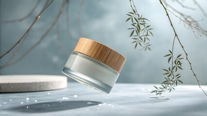 Floating Eco Skincare Jar. Natural skincare jar floating in soft muted background tones.