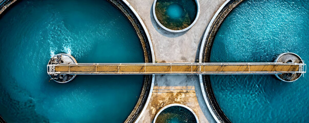 Aerial view of an industrial water treatment facility showcasing the symmetry and vibrant colors of the tanks.