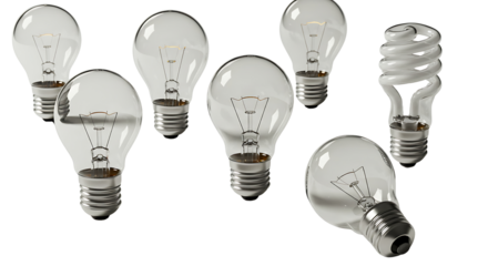 A collection of classic incandescent light bulbs with one modern energy-saving compact fluorescent lamp standing out, symbolizing innovation and new ideas