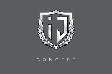 IJ Creative Initial Letter Logo with Shield and Laurel Wreath Silver Metallic Branding Emblem on Gray Background.