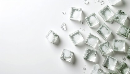 Clear ice cubes are scattered diagonally on a bright white surface, with a few small water droplets around them